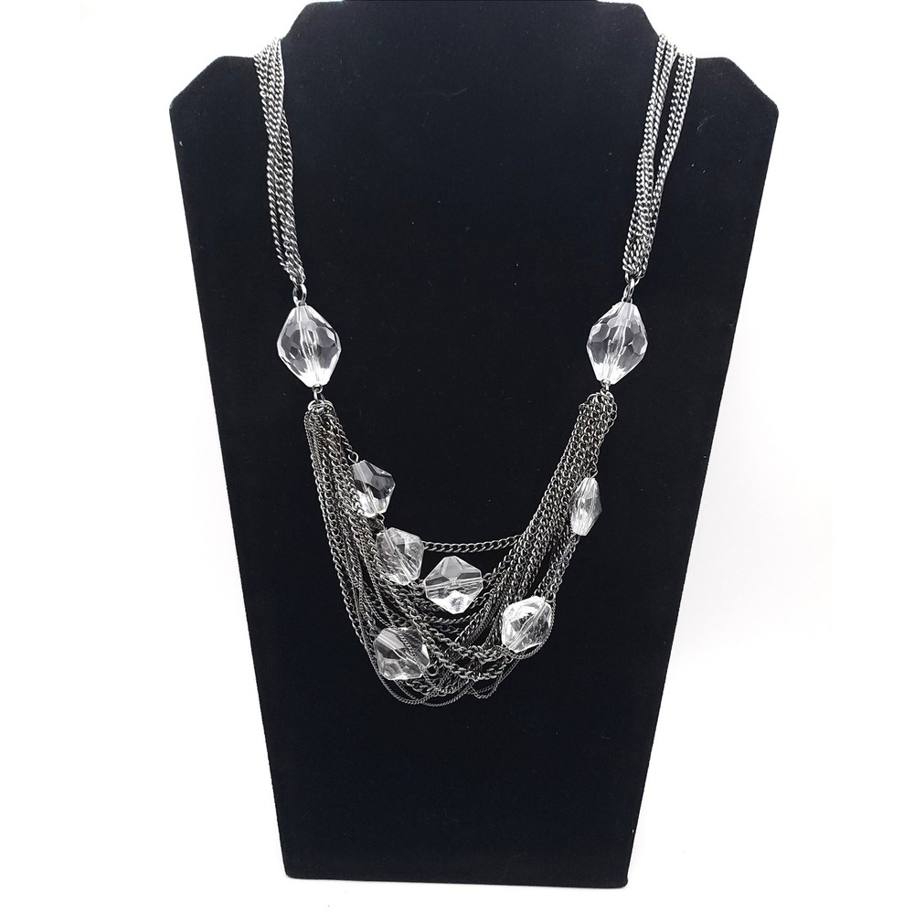 Multi-Strand Gunmetal Statement Necklace Clear Acrylic Nugget Beads 23-26"